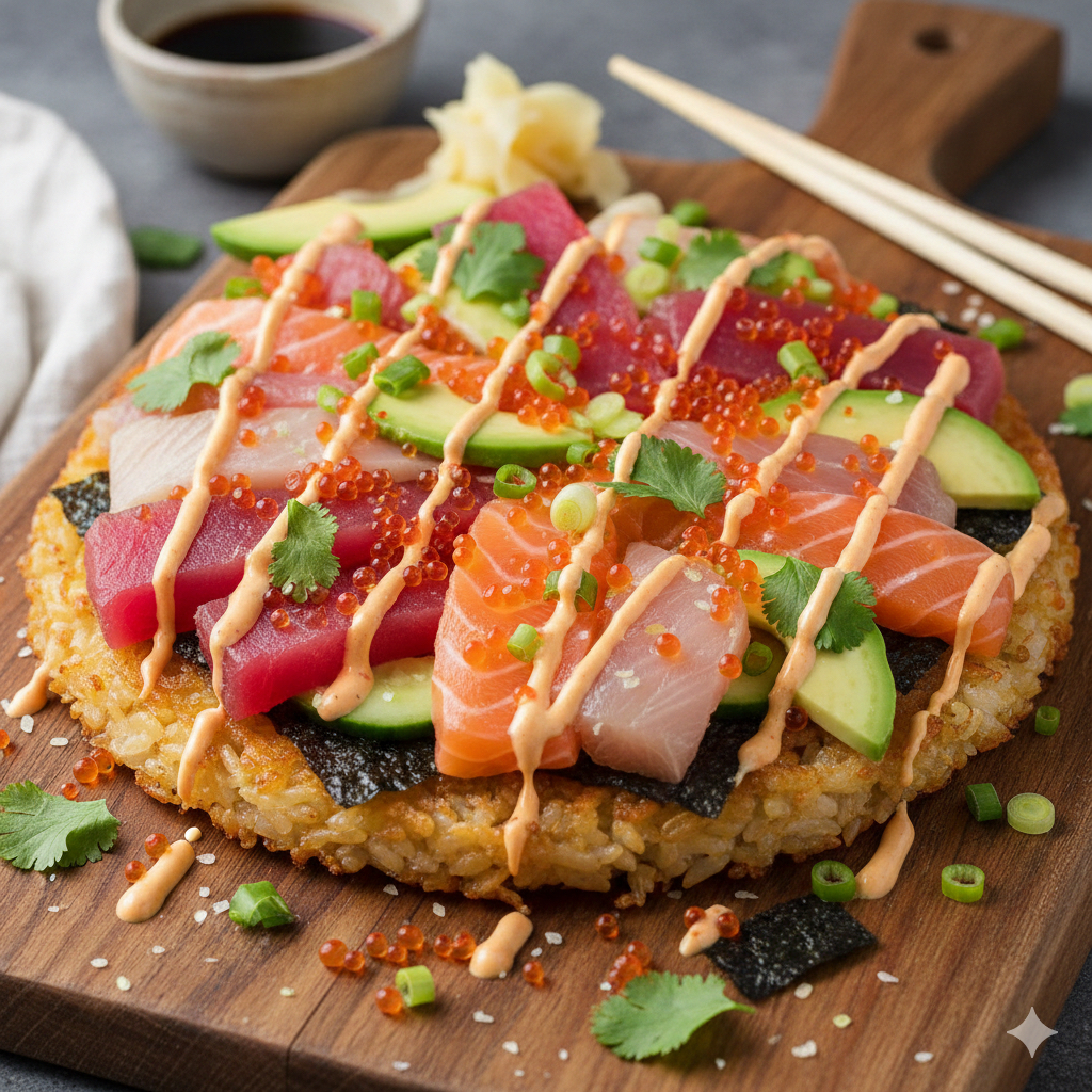 Deconstructed Sushi Pizza with chilly mayo